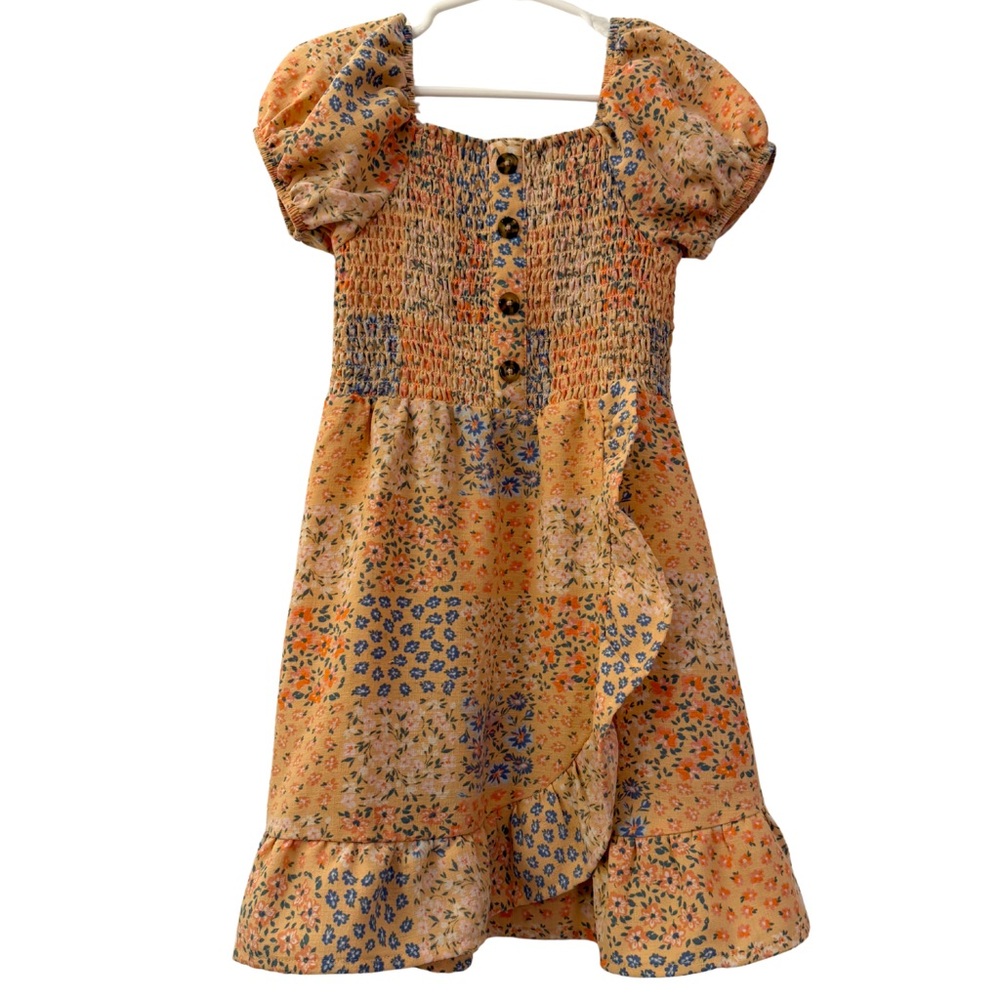 Wonder Nation Girls Floral Smocked Dress Peach Puff Sleeve XS 4-5, Easter Spring